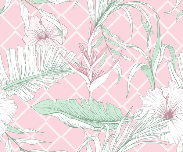 Naadloos Patroon Met Tropische Bladeren Roze Exotische Bloemen — Stockvector