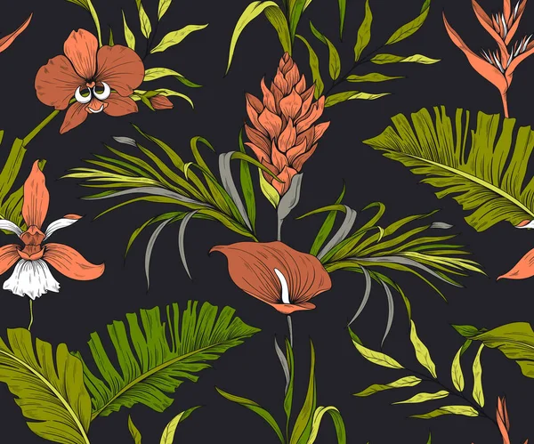 Kusursuz Desen Tropik Çiçekler Yapraklar Karanlık Arka Plan Moda Renkleri — Stok Vektör