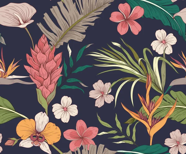 Бесшовный Шаблон Тропические Цветы Листья Темный Фон Модные Цвета — стоковый вектор