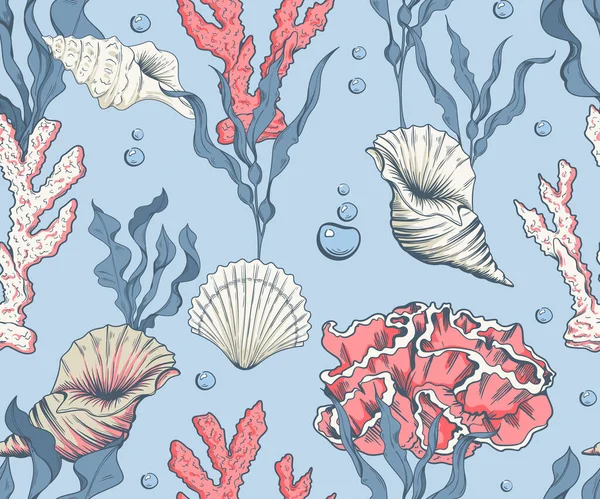 Морський Безшовний Візерунок Коралами Мушлями Водоростями — стоковий вектор