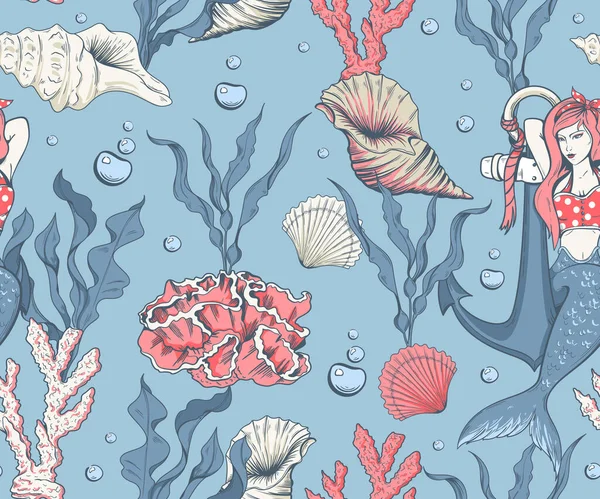 水中植物や人魚とシームレスなパターン — ストックベクタ