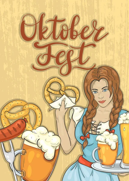 Folleto Del Oktoberfest Fondo Con Chica Cerveza Snacks — Vector de stock