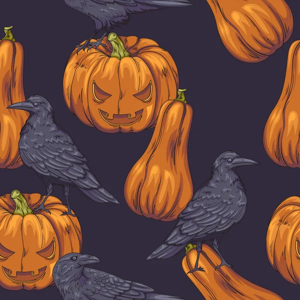 Modello Senza Cuciture Con Corvi Zucche Halloween — Vettoriale Stock