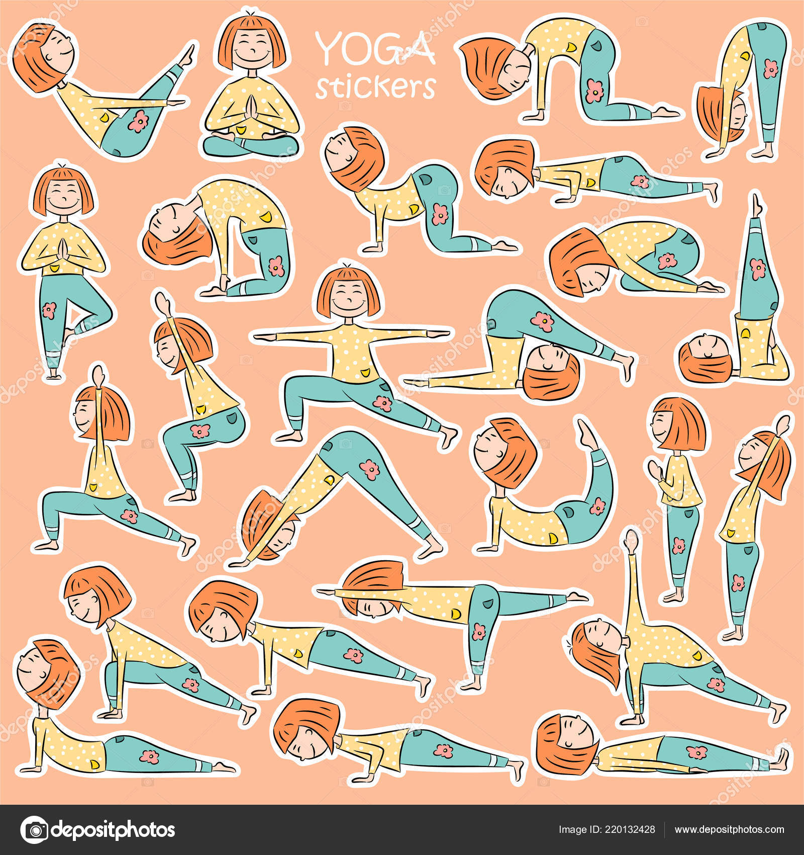 Kids Yoga Sticker Set Cute Cartoon Girl Different Yoga Poses Stock