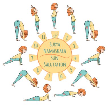 Şirin yoga çocuk. Yoga infographics, Surya Namaskar, selamlama güneş vektör çizim için 
