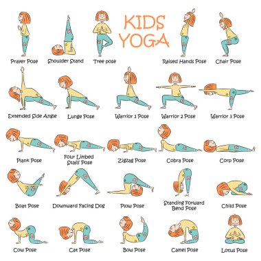 Yoga çocuklar ayarlayın. Jimnastik çocuklar ve sağlıklı yaşam için. Vektör çizim. 