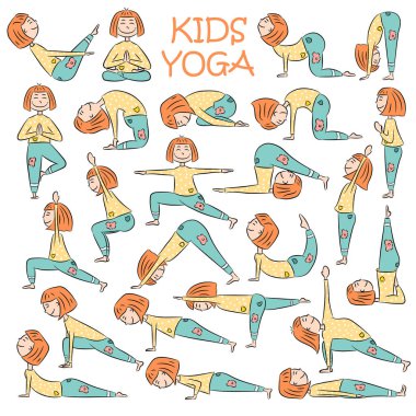 Yoga çocuklar ayarlayın. Jimnastik çocuklar ve sağlıklı yaşam için. Vektör çizim. 