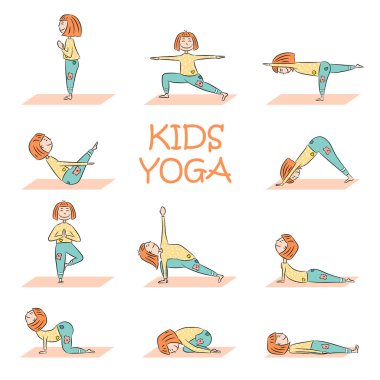 Sevimli çizgi kız farklı yoga teşkil ile ayarla yoga çocuklar. Düz tasarım. Vektör çizim
