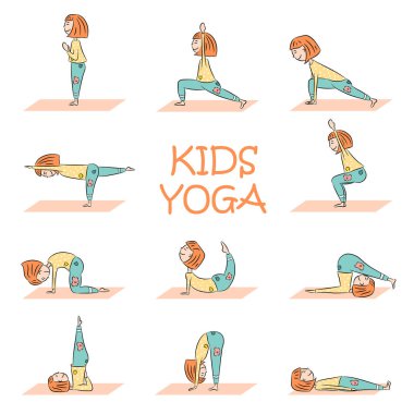 Sevimli çizgi kız farklı yoga teşkil ile ayarla yoga çocuklar. Düz tasarım. Vektör çizim