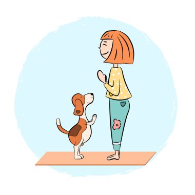 Karikatür komik köpek beagle kızla yoga poz yapıyor. Surya Namaskara. San selamlama. Vektör çizim