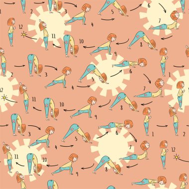 Yoga Surya Namaskara konumunu yoga yapıyor çizgi film kız ile seamless modeli. San selamlama. Vektör çizim