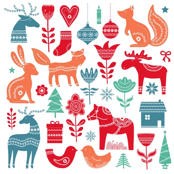 Elementos Dibujados Mano Navidad Estilo Escandinavo Con Adorno Ilustración Vectorial — Archivo Imágenes Vectoriales