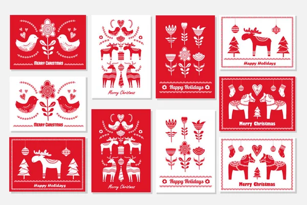 Conjunto Cartões Felicitações Desenhados Mão Natal Estilo Escandinavo Ilustração Vetorial — Vetor de Stock