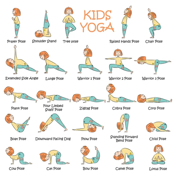 Yoga çocuklar ayarlayın. Jimnastik çocuklar ve sağlıklı yaşam için. Vektör çizim. 
