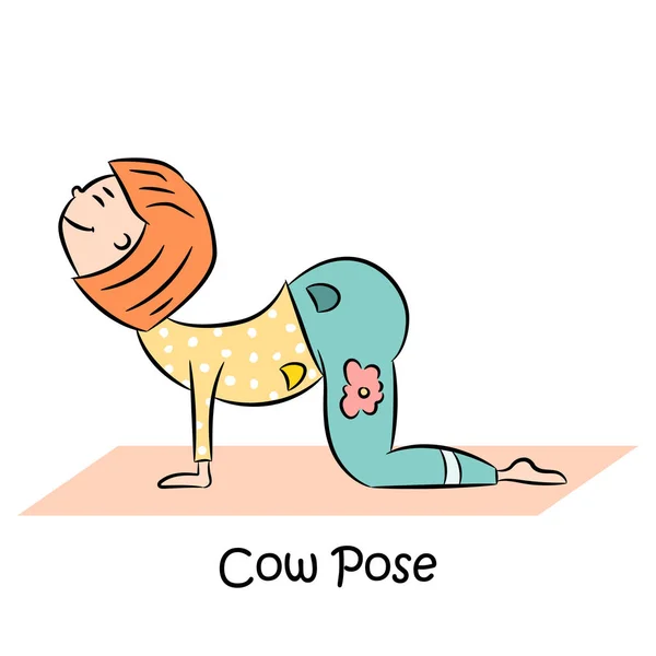 Logo Yoga Para Niños Chica Está Pose Vaca Ilustración Vectorial — Vector de stock