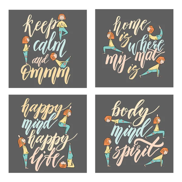 Yoga Phrases Fond Lettrage Affiche Calligraphique Avec Fille Dessin Animé — Image vectorielle