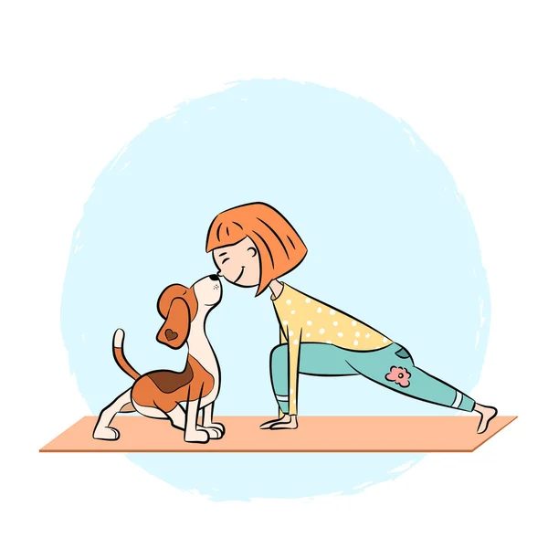 Dibujos Animados Divertido Perro Beagle Con Chica Haciendo Pose Yoga — Vector de stock