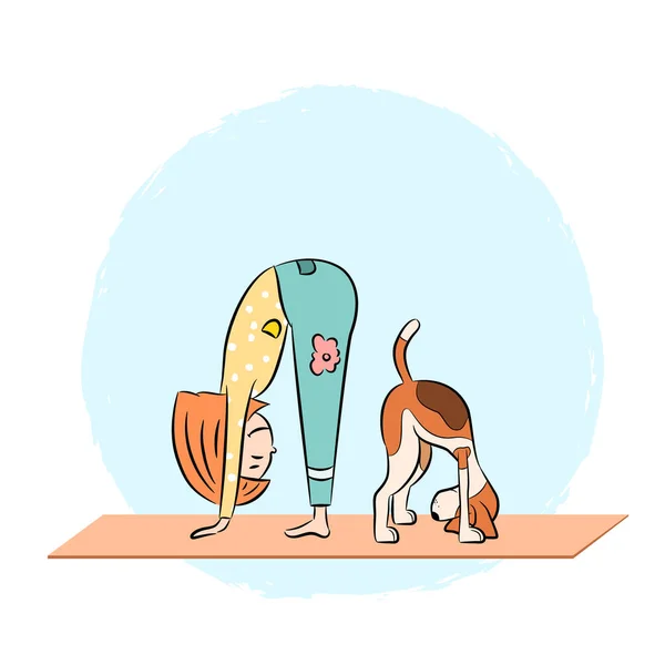 Dibujos Animados Divertido Perro Beagle Con Chica Haciendo Pose Yoga — Vector de stock