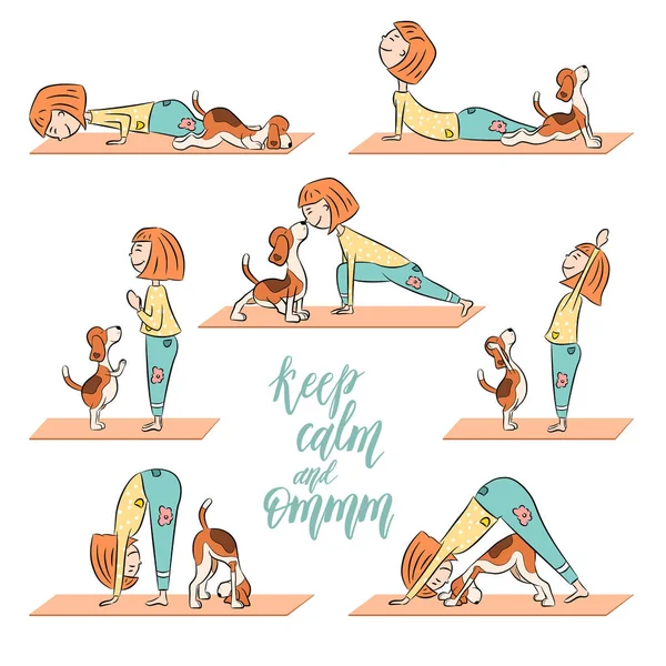 Karikatür komik köpek beagle kızla yoga pozisyon yapıyor. Surya Namaskara. San selamlama. Tutmak sakin ve Om-m yazı. Vektör çizim