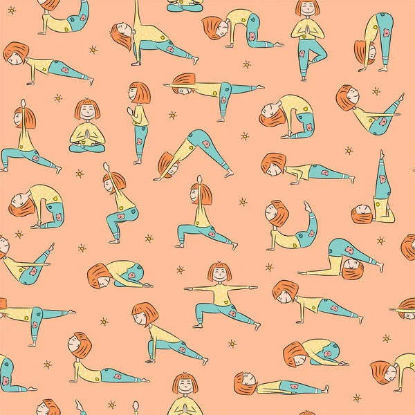 Yoga Padrão Sem Costura Com Menina Dos Desenhos Animados Fazendo — Vetor de Stock