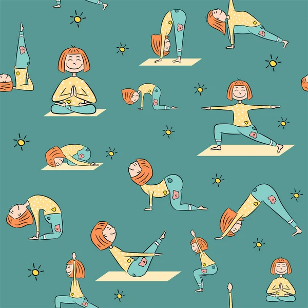 Yoga Seamless Pattern Cartoon Girl Dog Doing Yoga Position Surya — стоковый вектор
