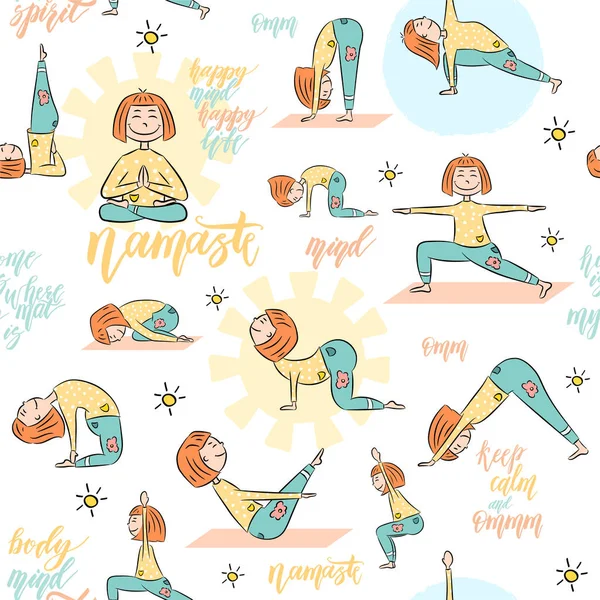 Patrón Sin Costuras Yoga Con Chica Dibujos Animados Haciendo Posición — Vector de stock