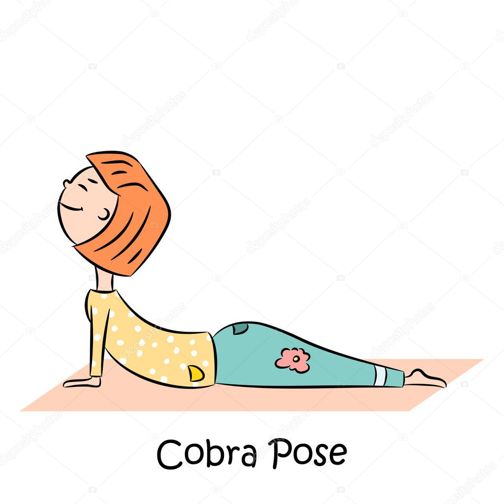 Kid yoga logo. Girl is in cobra pose. Vector illustration.