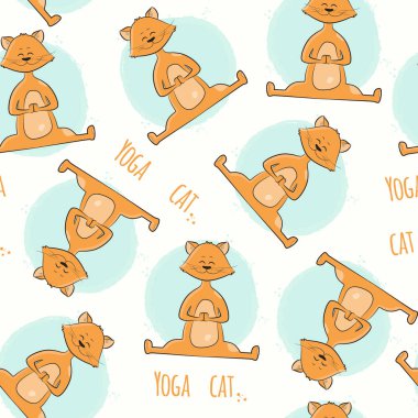 Sevimli çizgi kedi Yoga ile Seamless modeli poz. Namaste. Vektör çizim