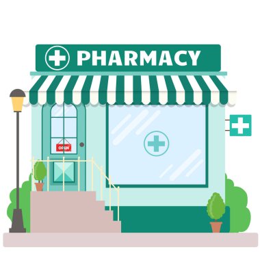 Facade pharmacy store with a signboard, awning and symbol in shopwindow. Front shop for brochure or banner. Vector illustration  clipart