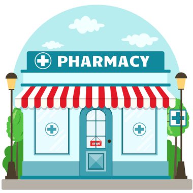 Cephe eczane deposu bir tabela, tente ve shopwindow simge. Shop ön broşür veya afiş için. Vektör çizim 