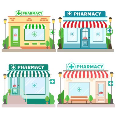 Cephe eczane bir tabela, tente ve shopwindow simge depolar. Shop ön broşür veya afiş için. Vektör çizim 