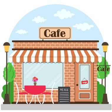 Cafe bina cephesi tabela ile. Düz stil. Vektör çizim 