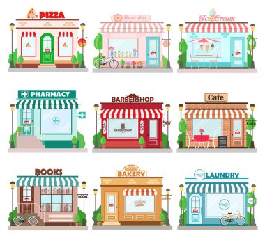 Uygulama düz projesi şehir cephe binalar kümesi. Restoranlar ve mağazalar cephe simgeler. Pizza, çiçek, kitap Dükkanı, Çamaşırhane, fırın, eczane, berber, dondurma, kafe. Vektör çizim