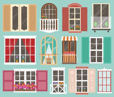 Denizlik, perdeler, çiçekler, balkon ile renkli windows kümesi. Düz stil vektör çizim