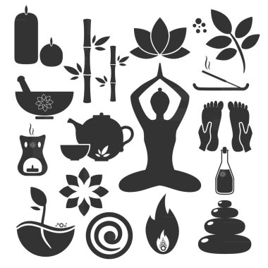 Ayurveda Icons set. Vektör çizim. Ayurveda logolar izole. Tasarım öğeleri ayurveda Merkezi, yoga stüdyosu, spa merkezi için. Ayurveda etiket. Güzellik Icons set