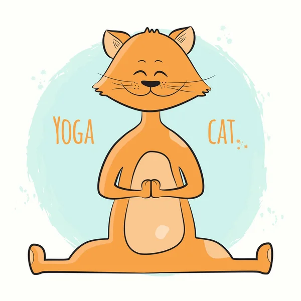 Gullig Tecknad Katt Stående Yoga Pose Namaste Yoga Studion Logotyp — Stock vektor