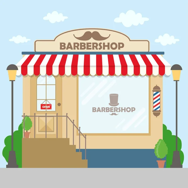 Straat Gevel Barbershop Bouwen Voorzijde Winkel Voor Ontwerp Banner Brochure — Stockvector