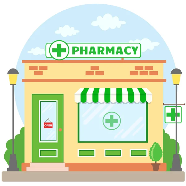 Magasin Pharmacie Façade Avec Panneau Auvent Symbole Dans Vitrine Boutique — Image vectorielle