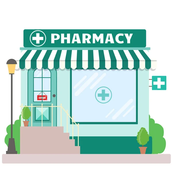Tienda Farmacia Fachada Con Letrero Toldo Símbolo Escaparate Tienda Frontal — Vector de stock
