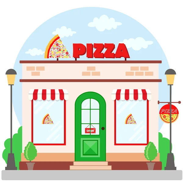 Fachada Restaurante Pizza Com Tabuleta Estilo Plano Ilustração Vetorial — Vetor de Stock