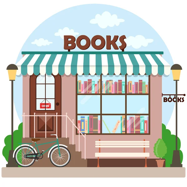 Knihkupectví Knihkupectví Fasáda Domu Řada Knih Okně Vektorové Ilustrace — Stockový vektor