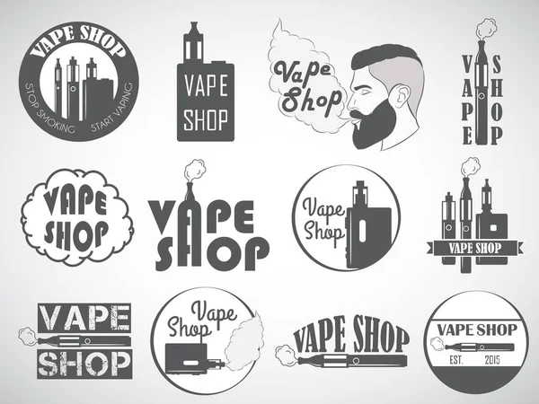 Conjunto Vape Logotipo Cigarro Emblemas Emblemas Isolados Fundo Branco Ilustração —  Vetores de Stock