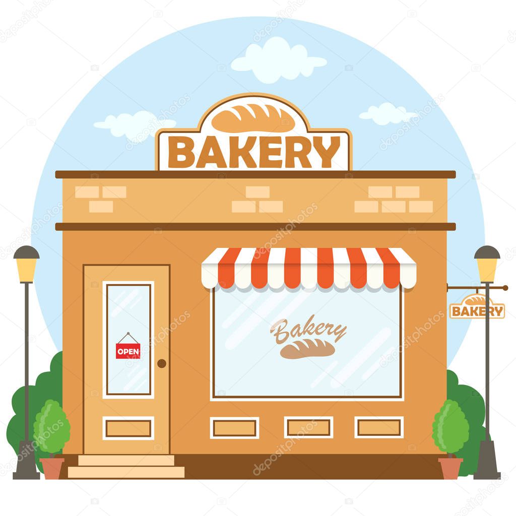 Bakery shop building facade with signboard. Flat style. Vector illustration 