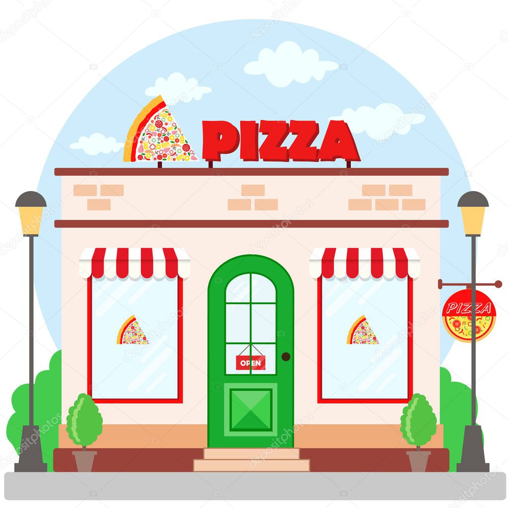 Pizza restaurant facade with signboard. Flat style. Vector illustration 