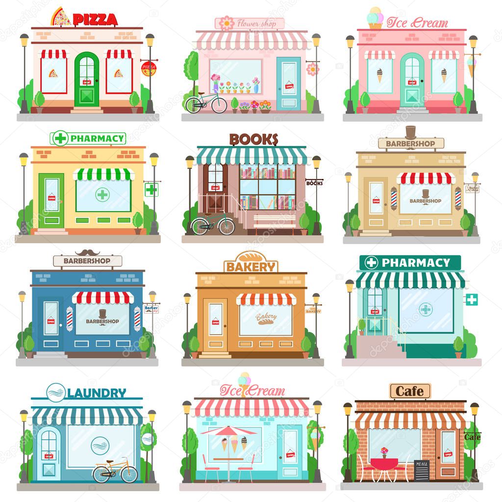 Set of detailed flat design city facade buildings. Restaurants and shops facade icons. Pizza, flowers, books shop, laundry, bakery, pharmacy, barbershop, ice cream, cafe. Vector illustration