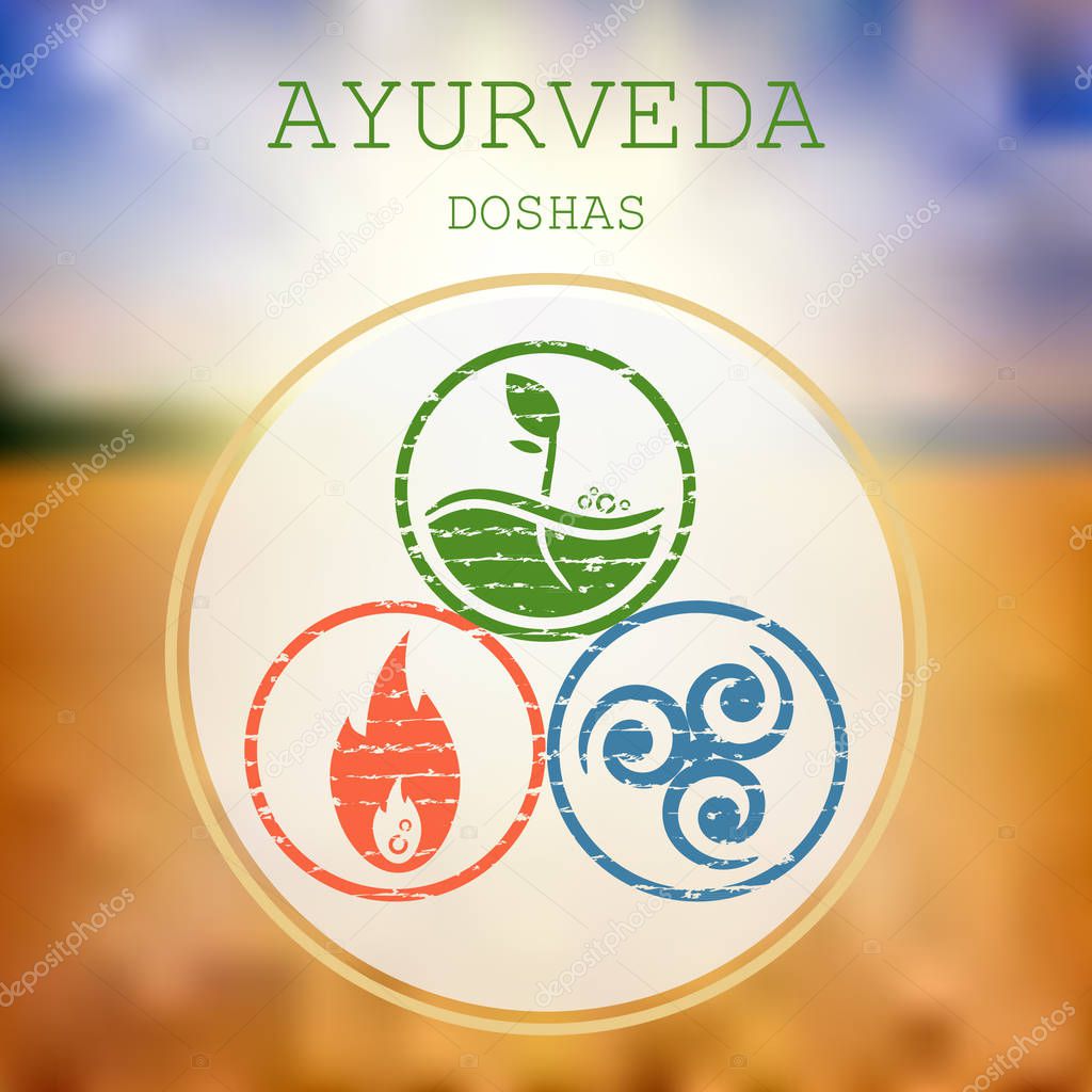 Ayurveda vector illustration. Doshas vata, pitta, kapha. Ayurvedic body types. Ayurvedic infographic. Healthy lifestyle. 
