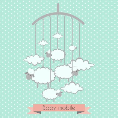 Bebek küçük kuzular ve bulutlar ile mobil. Bebek Hediyeleri Partisi Davetiyesi, scrapbooking için şablon kartları.