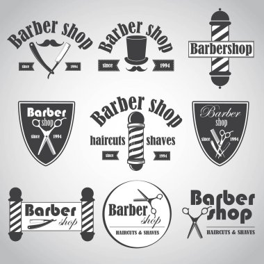 Vintage kuaför dükkanı Amblemler, etiket, rozetleri ve tasarlanmış öğeler kümesi. Vektör çizim
