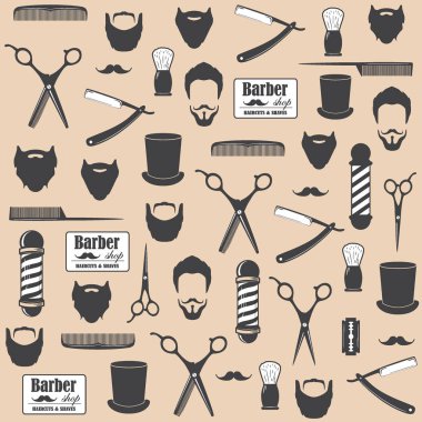 Berber dükkanı vintage seamless modeli. Dekoratif duvar kağıdı, baskı için. Arka plan tasarım. Vektör çizim