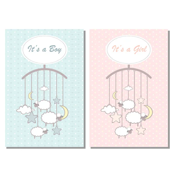 赤ちゃんシャワー少年と少女の招待状カードは 小さな子羊 スクラップブッ キング用テンプレート ベクトル図 — ストックベクタ